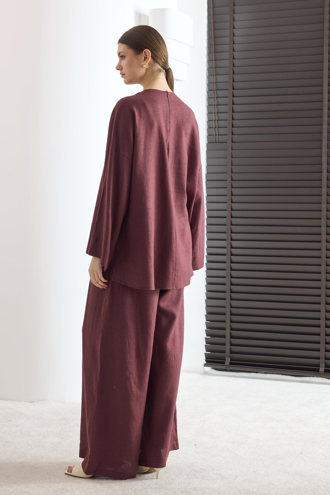 Zoya Pantolon Pileli Keten Takım - Bordo