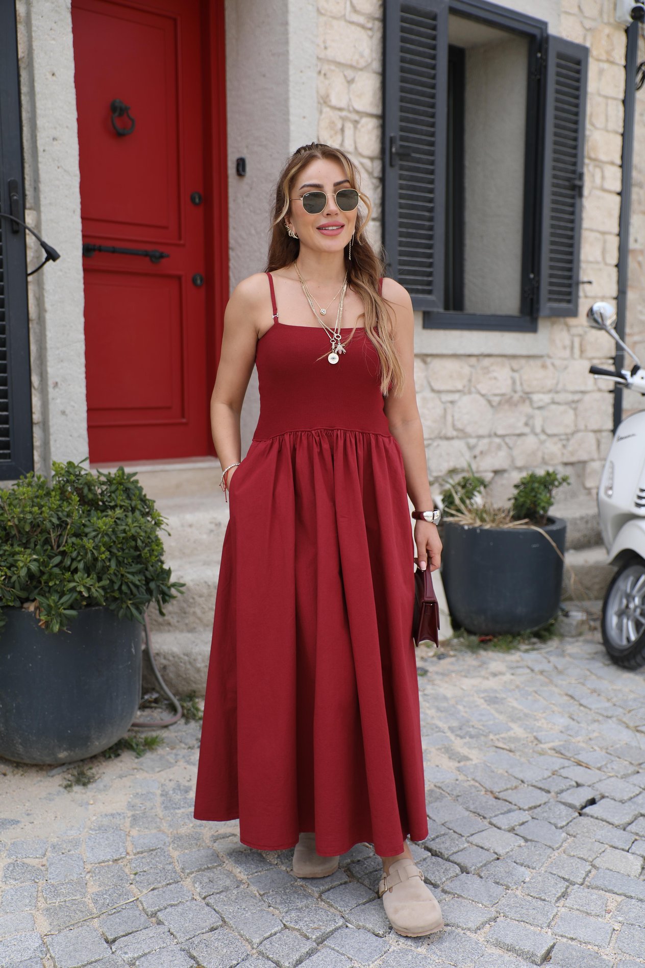 Bordo İnce Askılı Eteği Poplin Elbise