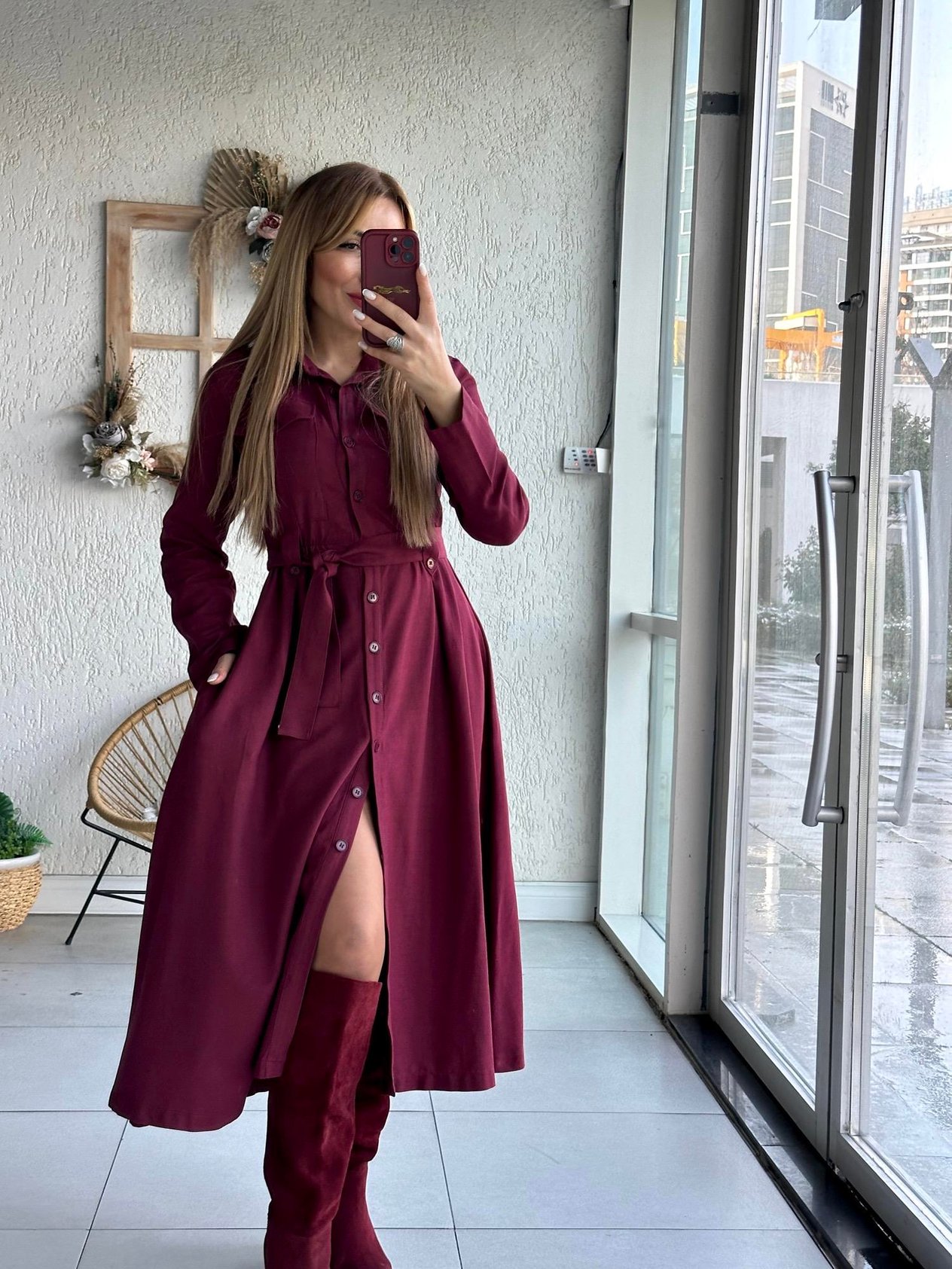 Bordo Kuşaklı Gömlek Elbise