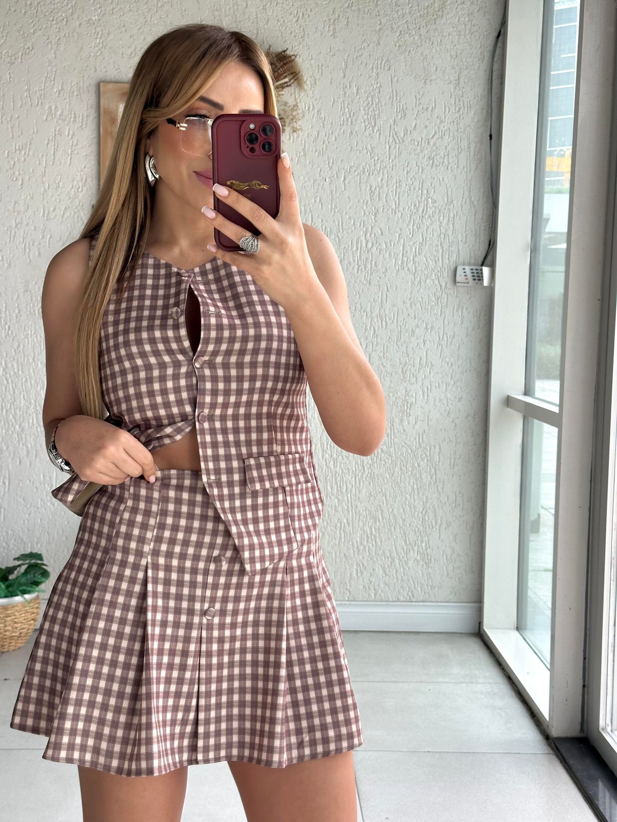 Kahve Bej Kareli Etek Yelek Takım