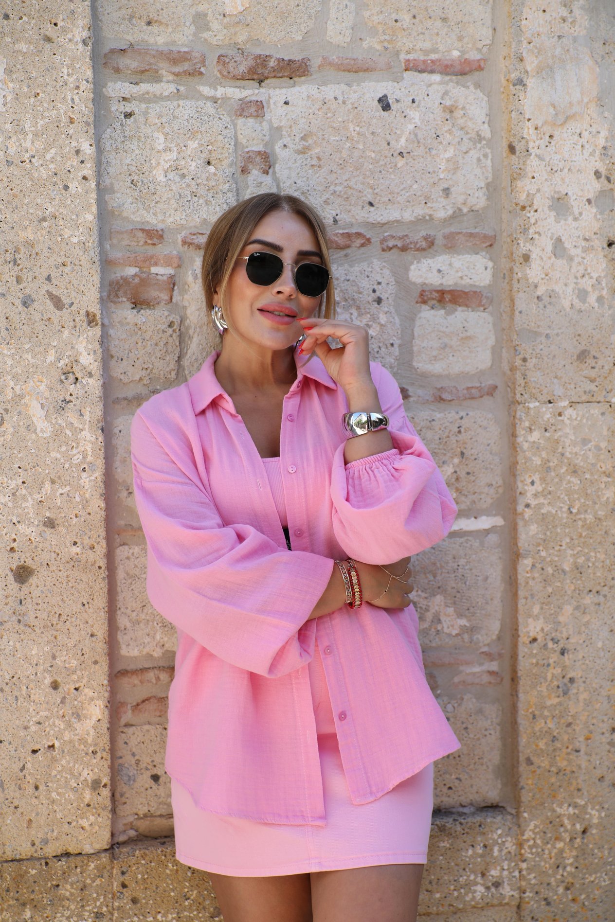 Pembe Nakış Detaylı Muslin Gömlek