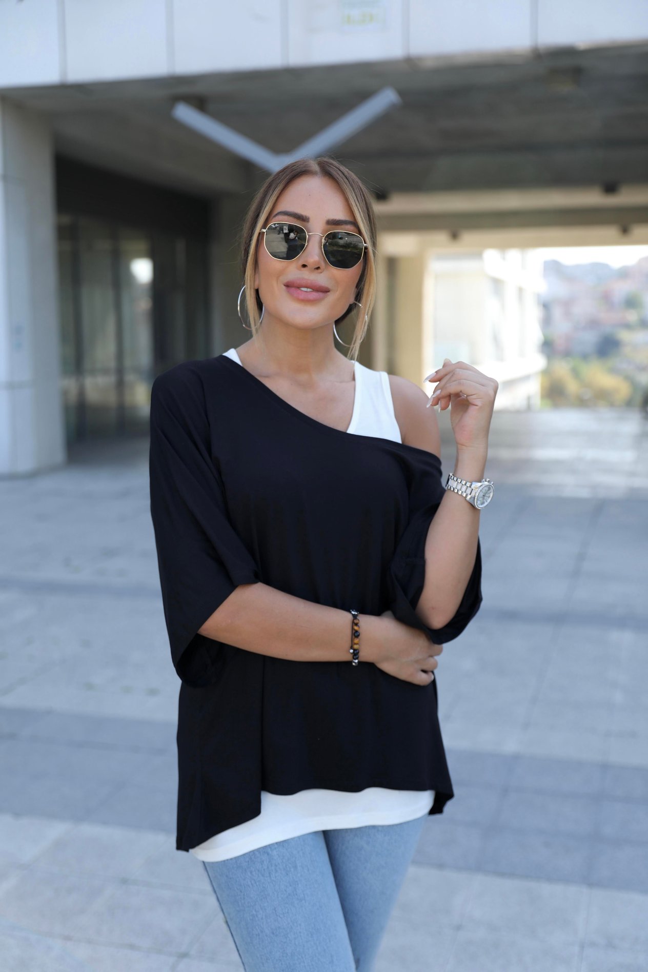 Siyah İkili Düşük Omuz Bluz