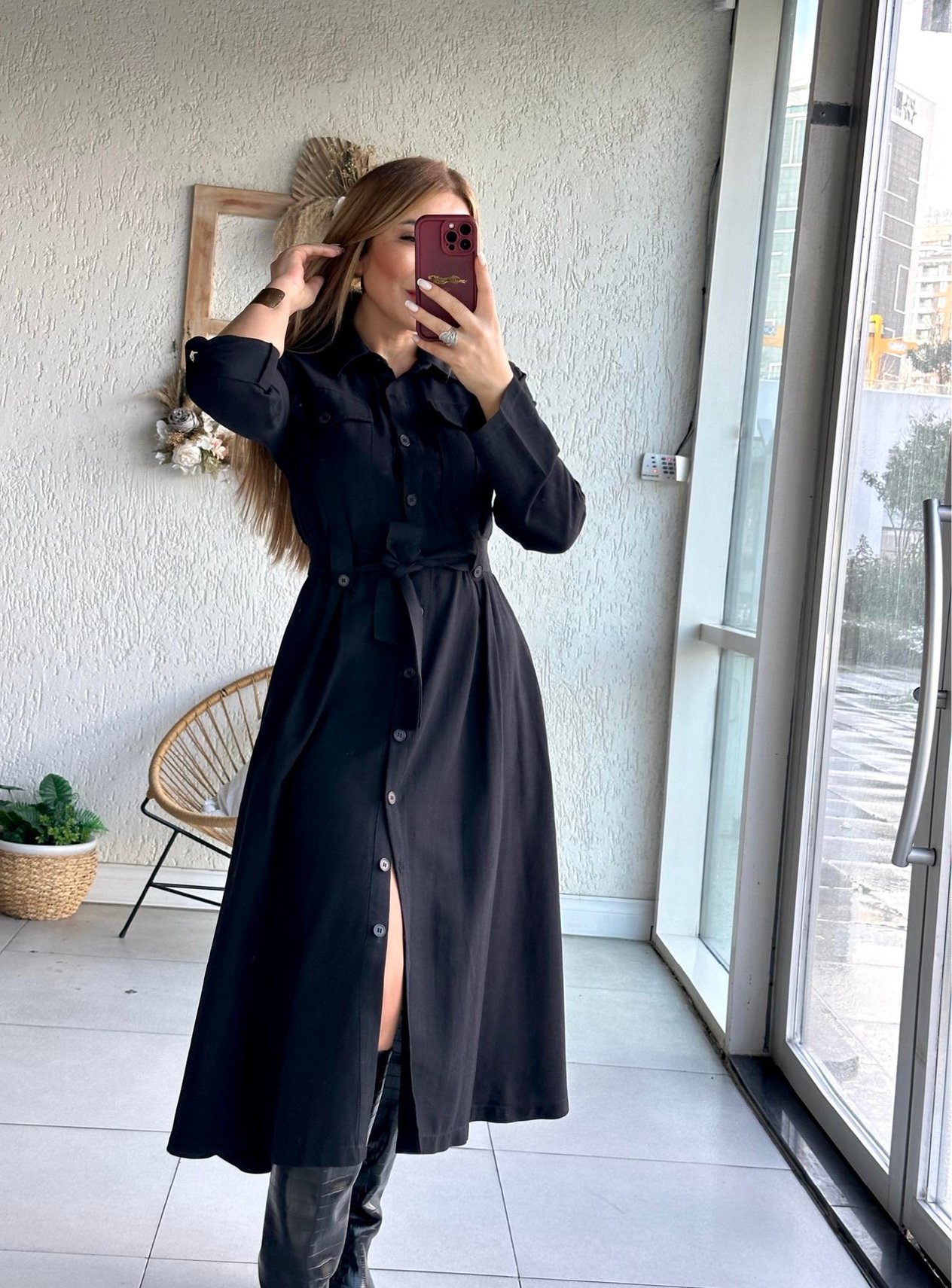 Siyah Kuşaklı Gömlek Elbise
