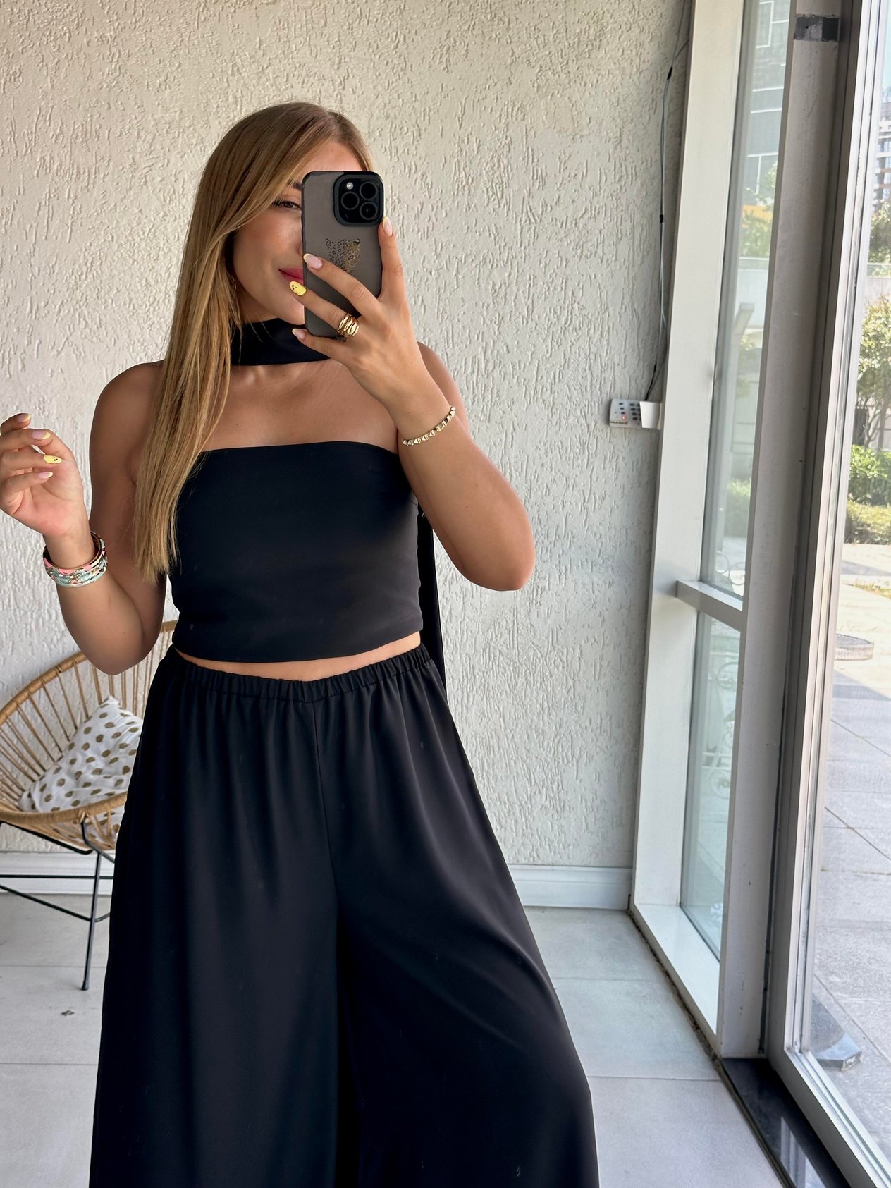 Siyah Tasarım Crop Pantolon Takım 