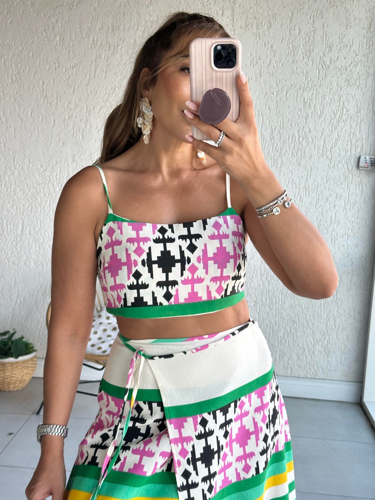 Yeşil Desenli Anvalop Etek Crop Takım