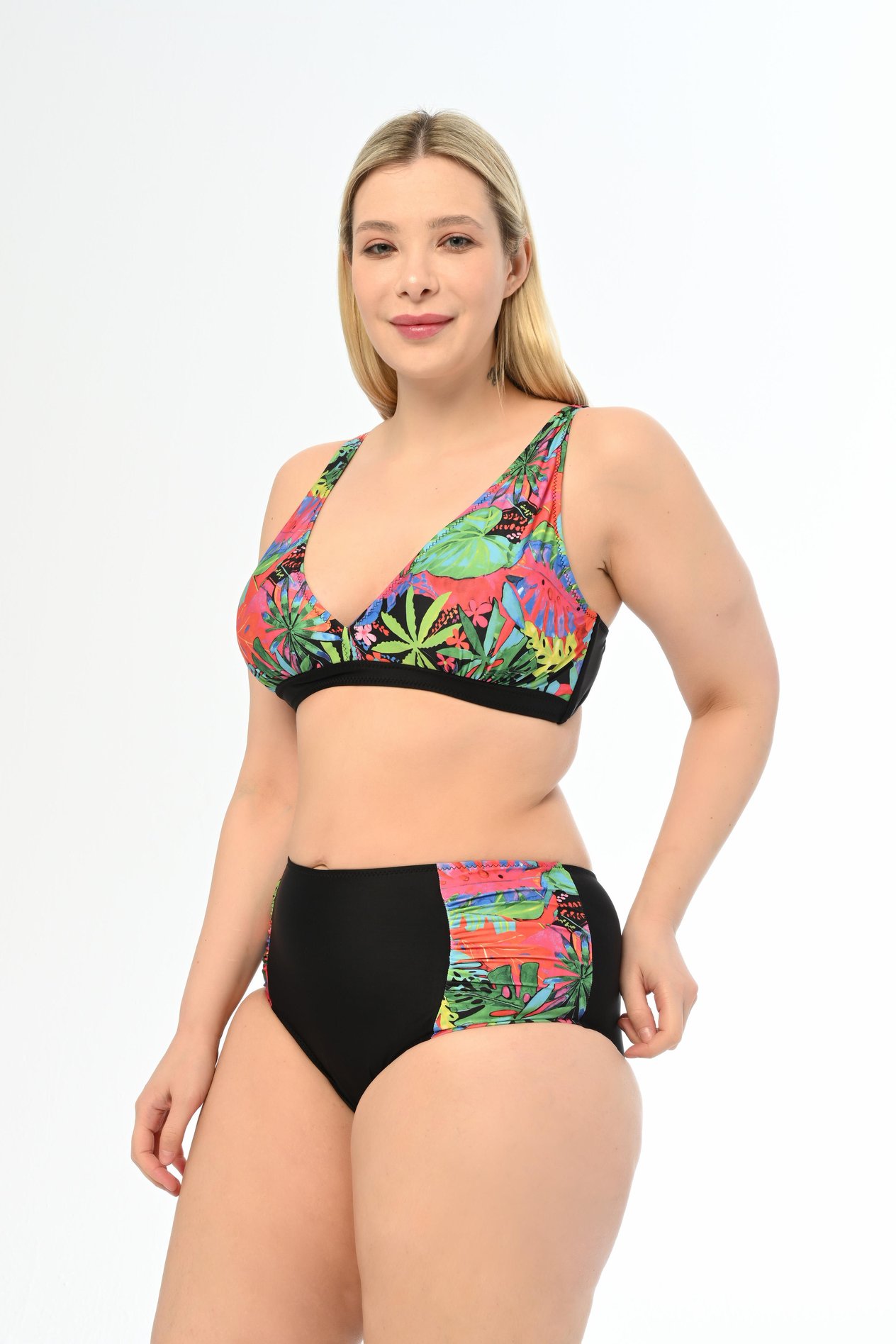 AQUAVİVA Kadın Siyah Yeşil Karışık Desen Büyük Beden Yüksek Bel Kelebek Bikini Takımı