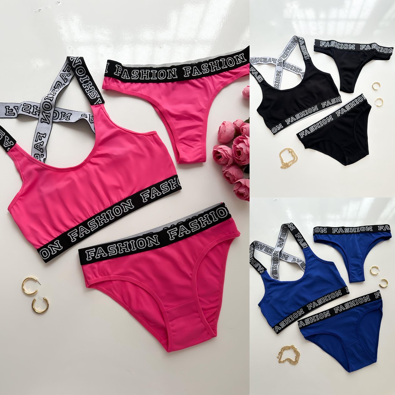 FASHİON BASKILI ÜÇLÜ BUSTİYER ALT SET TAKIM