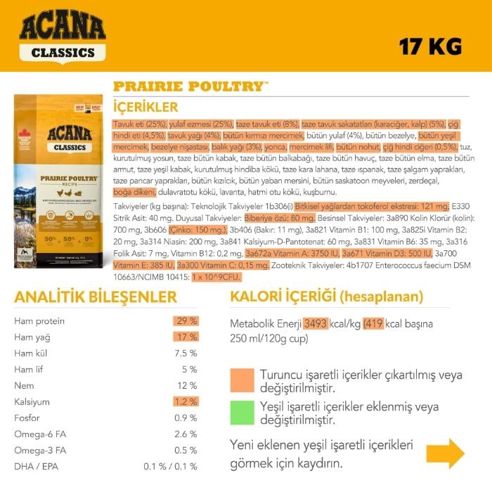 Acana Classics - Prairie Poultry Köpek Maması 14.5 Kg - Tüm Irk Ve Yaşam Evreleri İçin