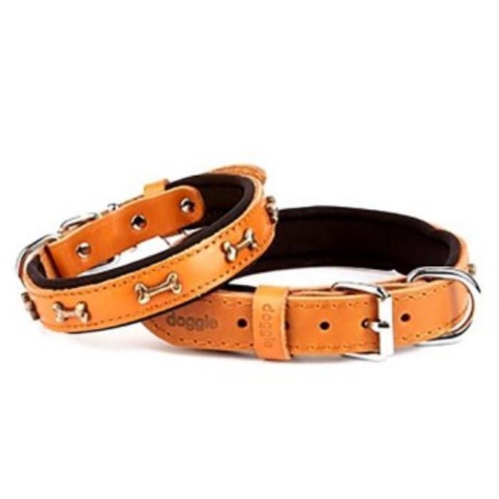 Doggie Konforlu Gerçek Deriden El Yapımı Kemik Süslü Köpek Boyun Tasması 2x30-35cm - Camel