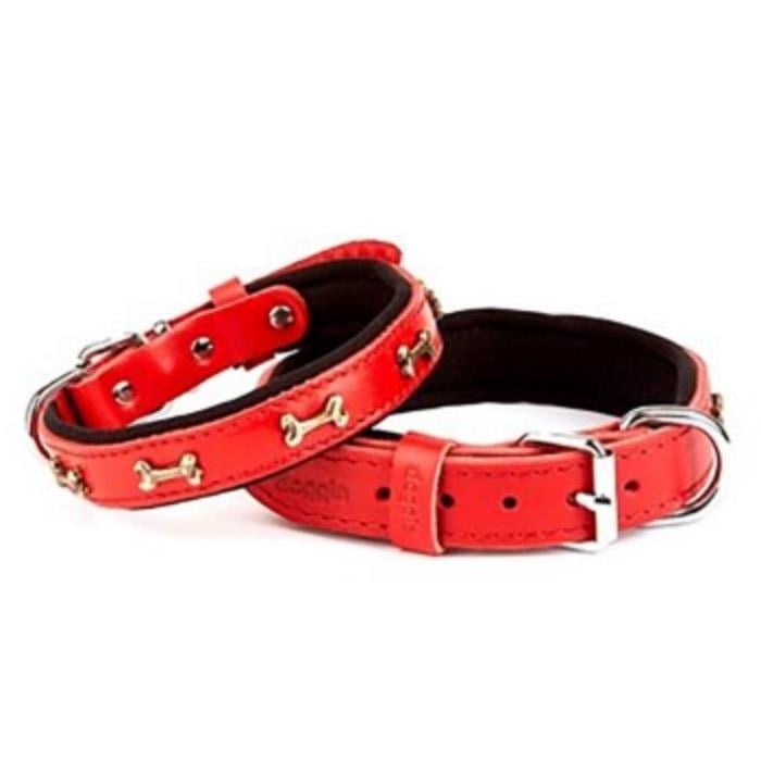 Doggie Konforlu Gerçek Deriden El Yapımı Kemik Süslü Köpek Boyun Tasması 2x35-40cm - Red
