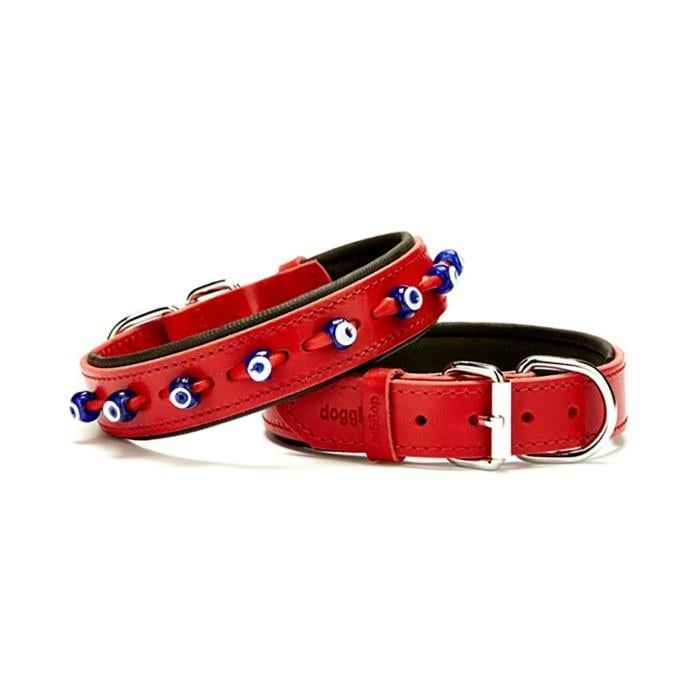 Doggie Konforlu Gerçek Deriden El Yapımı Nazar Boncuklu Köpek Boyun Tasması 3x42-50cm - Red