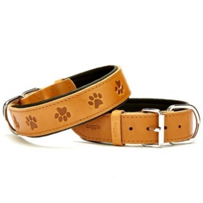 Doggie Konforlu Gerçek Deriden El Yapımı Pati Desenli Köpek Boyun Tasması 4x47-55cm - Camel