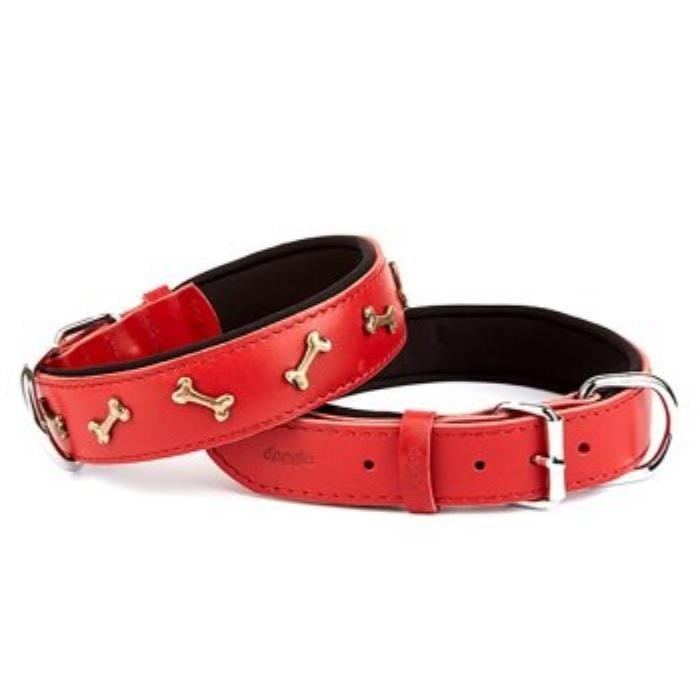 Doggie Konforlu Gerçek Deriden El Yapımı Kemik Süslü Köpek Boyun Tasması 3,5x47-55cm - Red