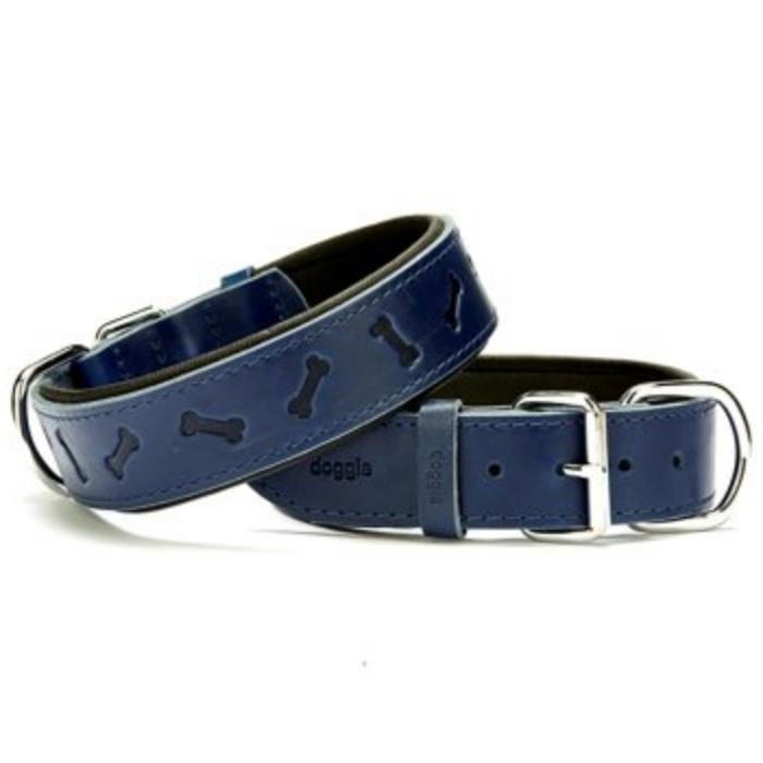 Doggie Konforlu Gerçek Deriden El Yapımı Kemik Desenli Köpek Boyun Tasması 4x47-55cm - Royal Blue