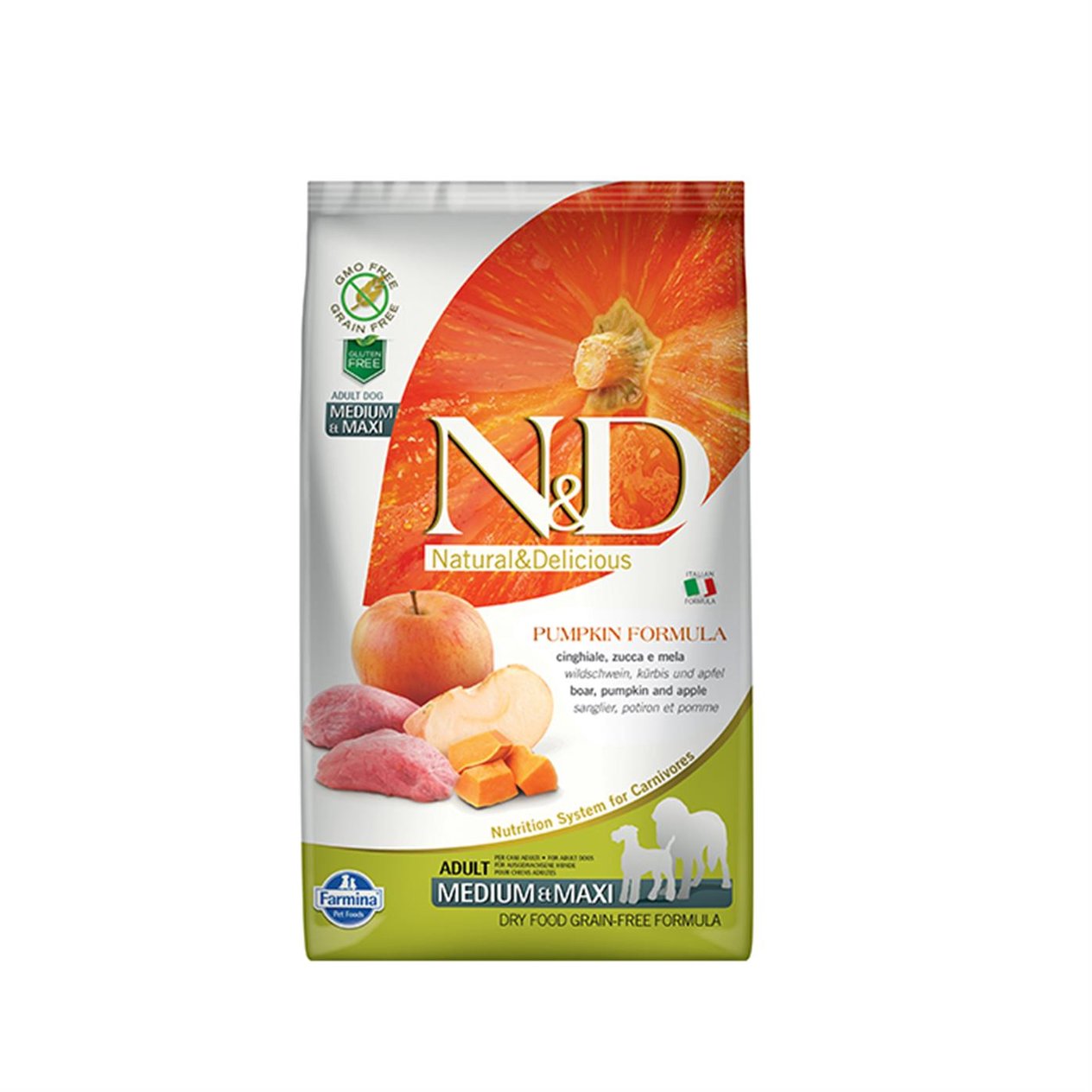N&D Pumpkin Tahılsız Balkabaklı Yaban Domuzu Etli ve Elmalı 2.5 Kg Medium Maxi Yetişkin KuruKöpek Maması