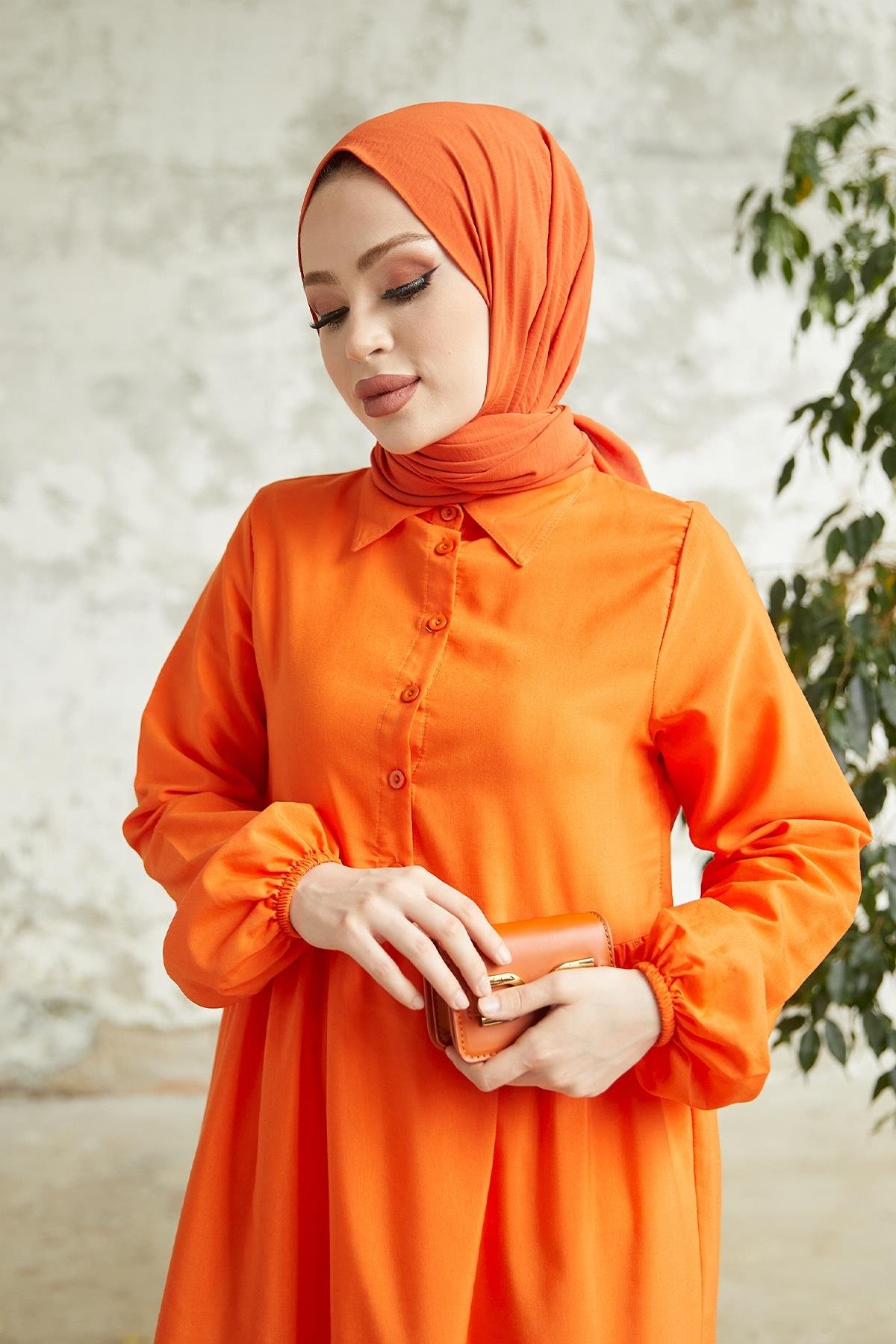 Albera Gömlek Yaka Düğmeli Elbise - Oranj
