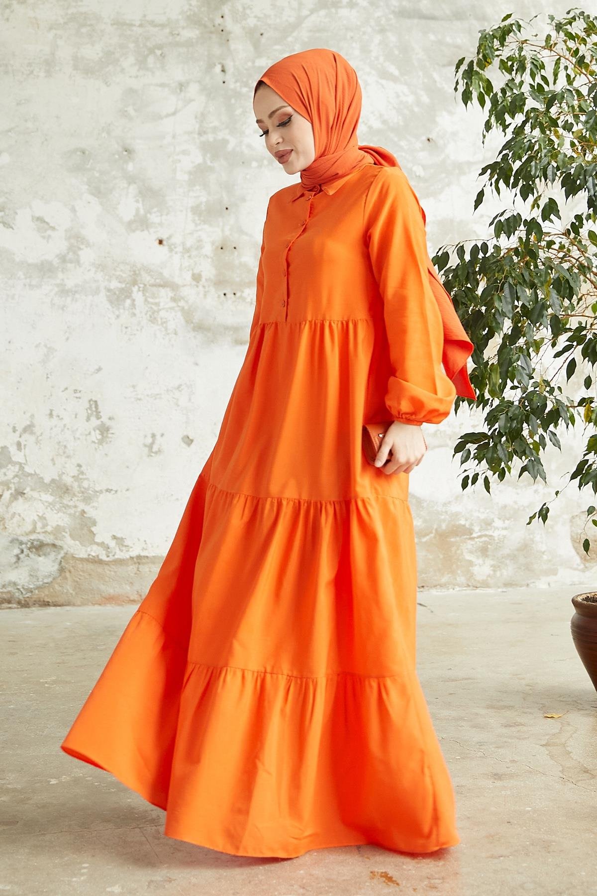 Albera Gömlek Yaka Düğmeli Elbise - Oranj