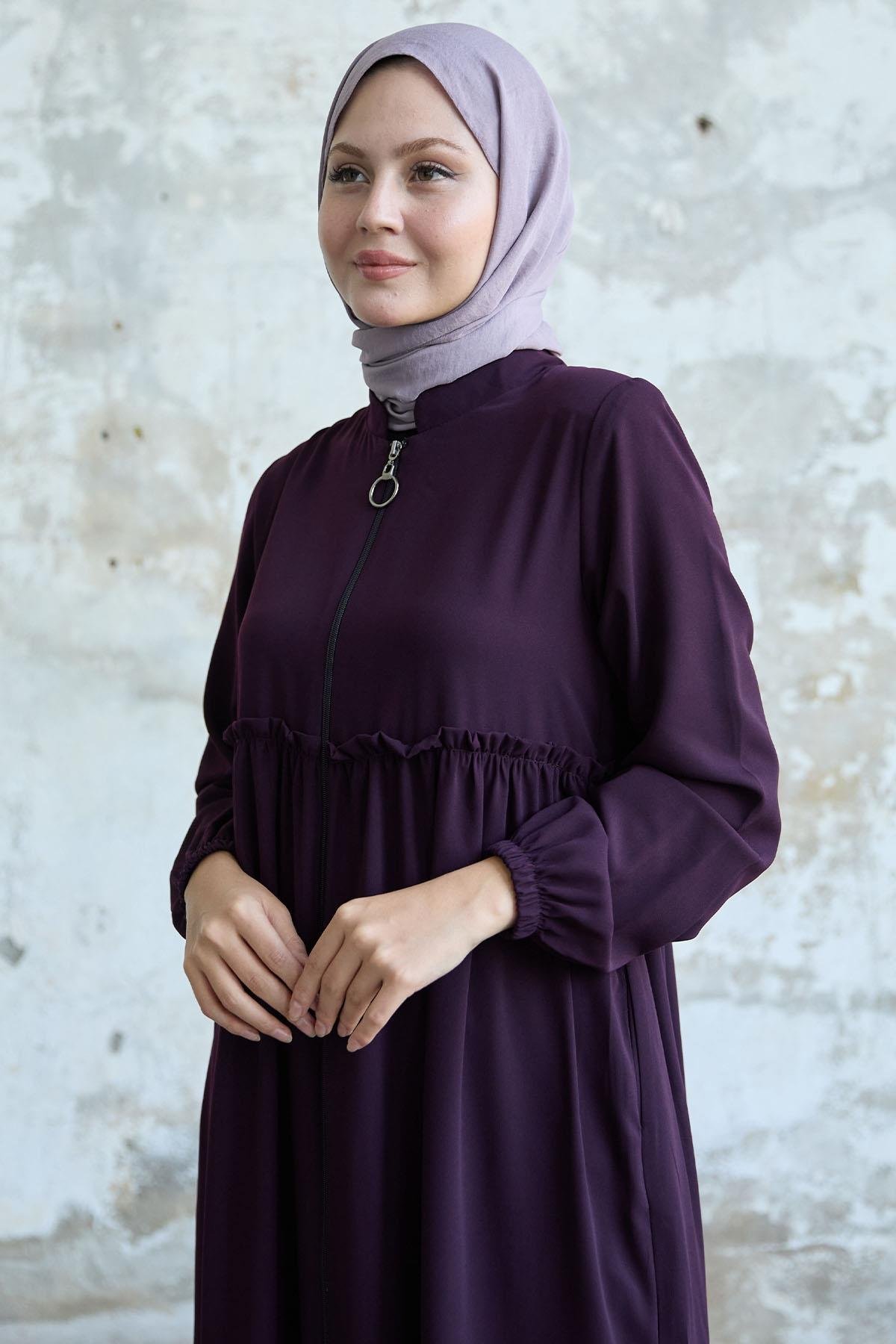 Arkadan Püskül Detay Büzgü Mürdüm Ferace
