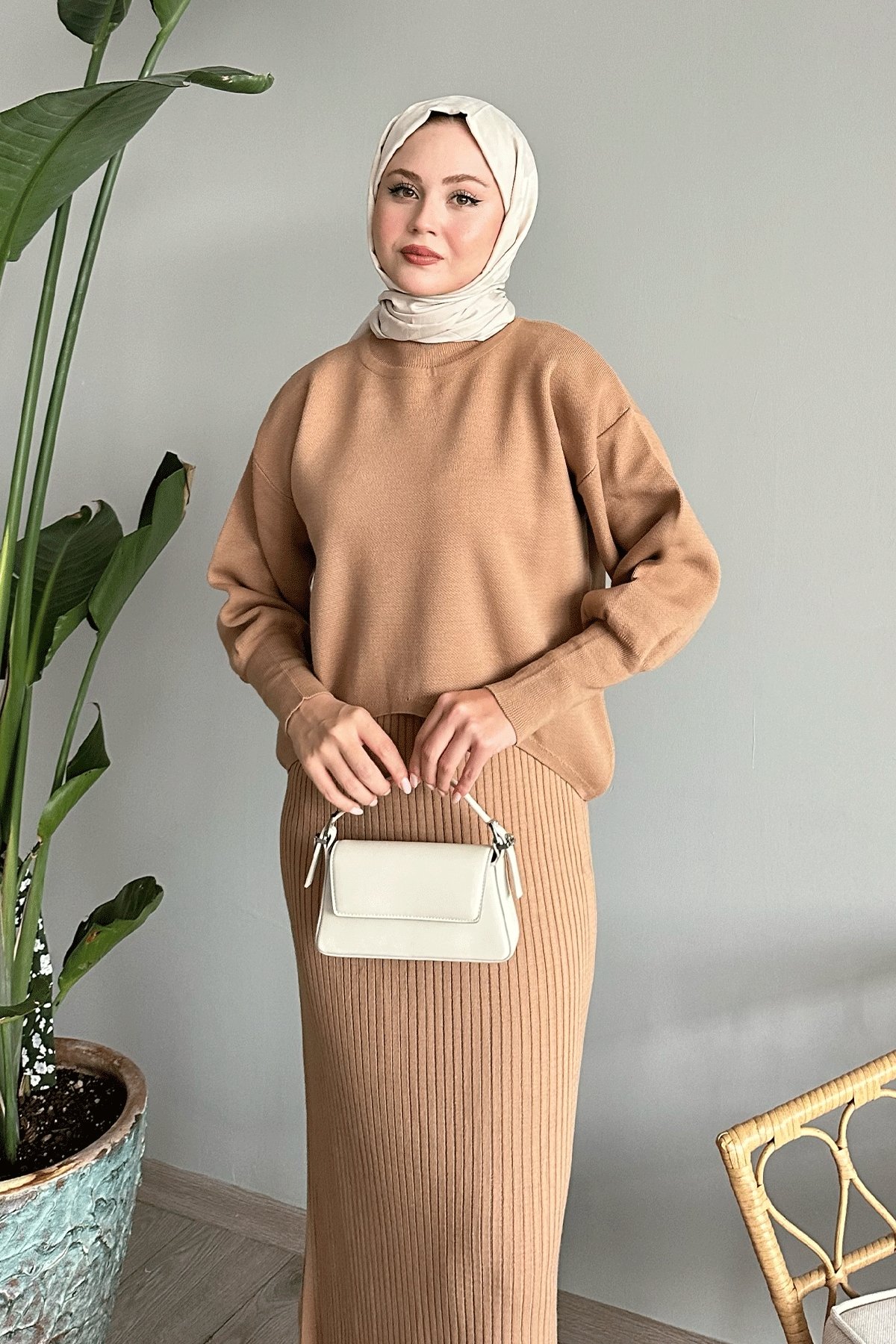 Balon Kollu Elbiseli Camel Triko Takım