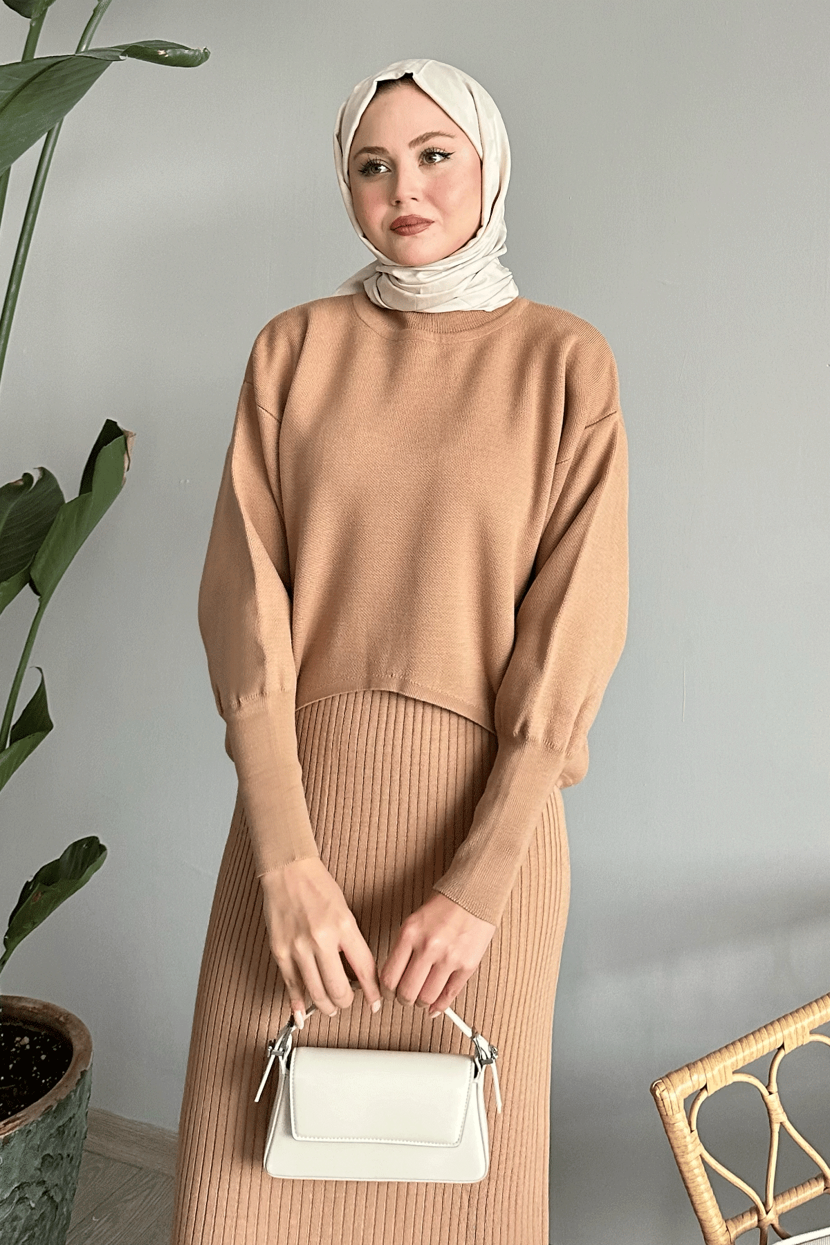 Balon Kollu Elbiseli Camel Triko Takım