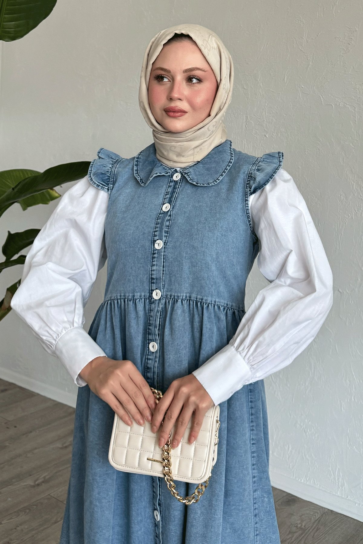 Bebe Yaka Fırfır Detay Mavi Kot Jile