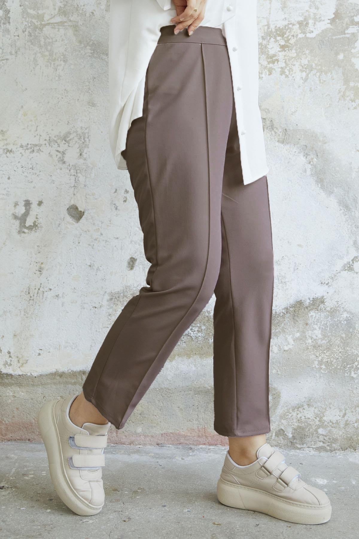 Beli Fermuarlı Çimalı Pantolon - Sütlü Kahve
