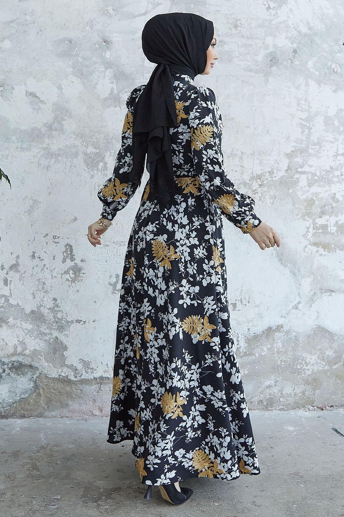 Bianka Nakış Çiçek Şifon Elbise - Siyah