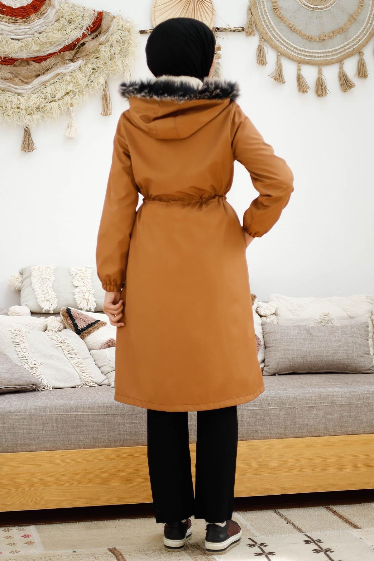 Biye Detay Beli Büzgülü 0021 Kaban - Kahverengi