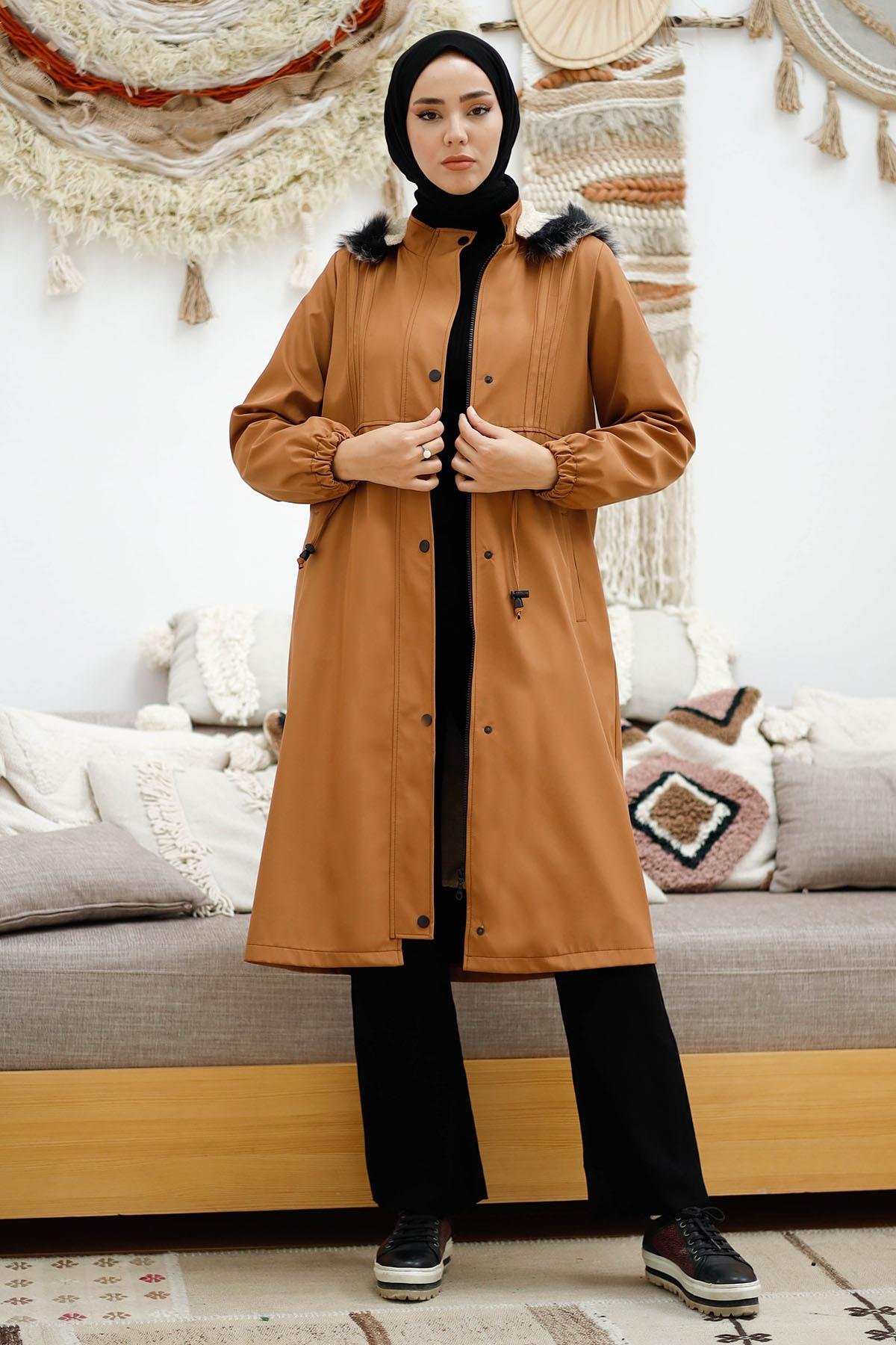 Biye Detay Beli Büzgülü 0021 Kaban - Kahverengi