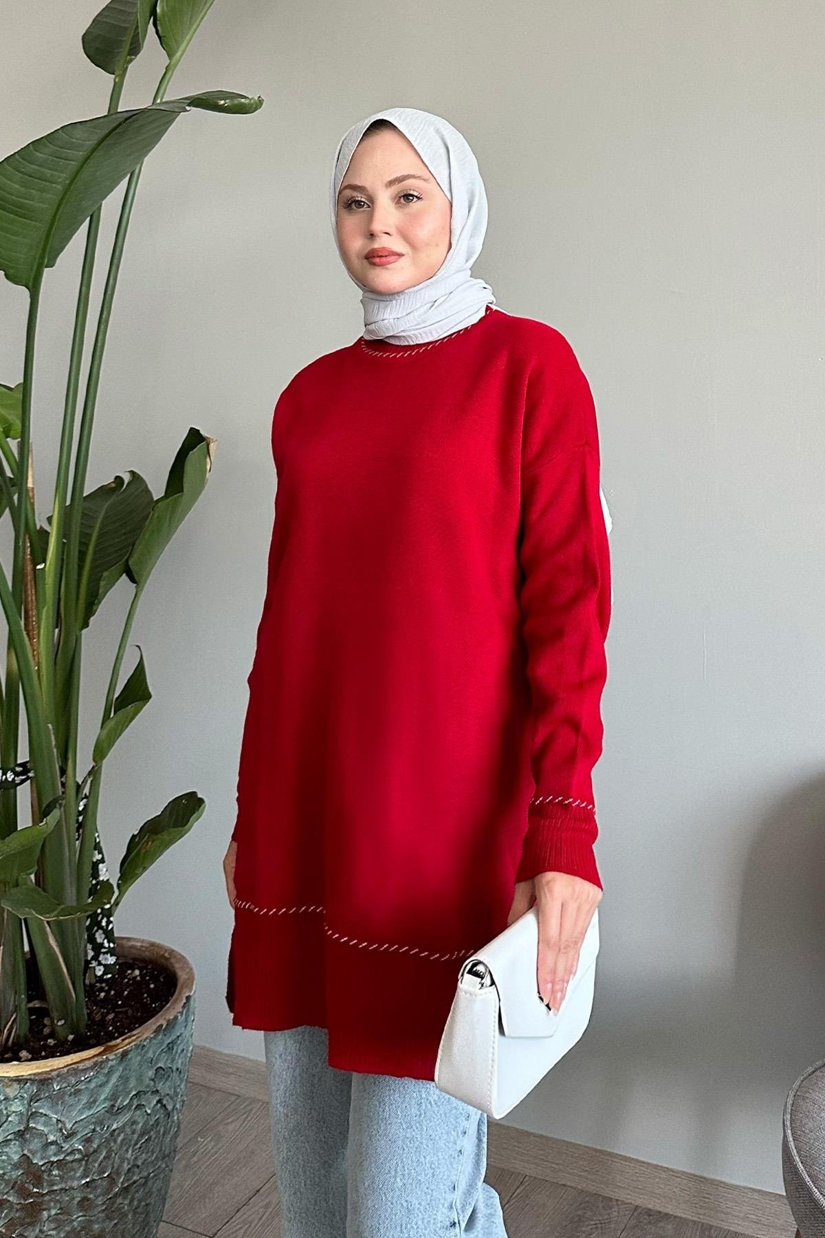 Biyeli Basic Kırmızı Triko Kazak
