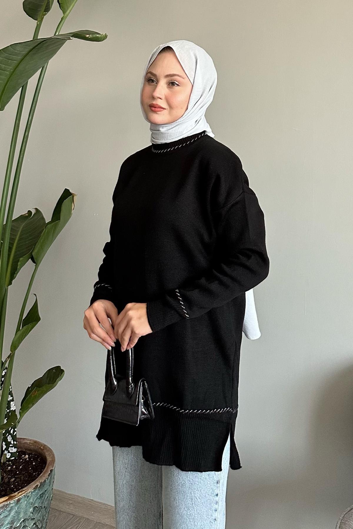 Biyeli Basic Siyah Triko Kazak