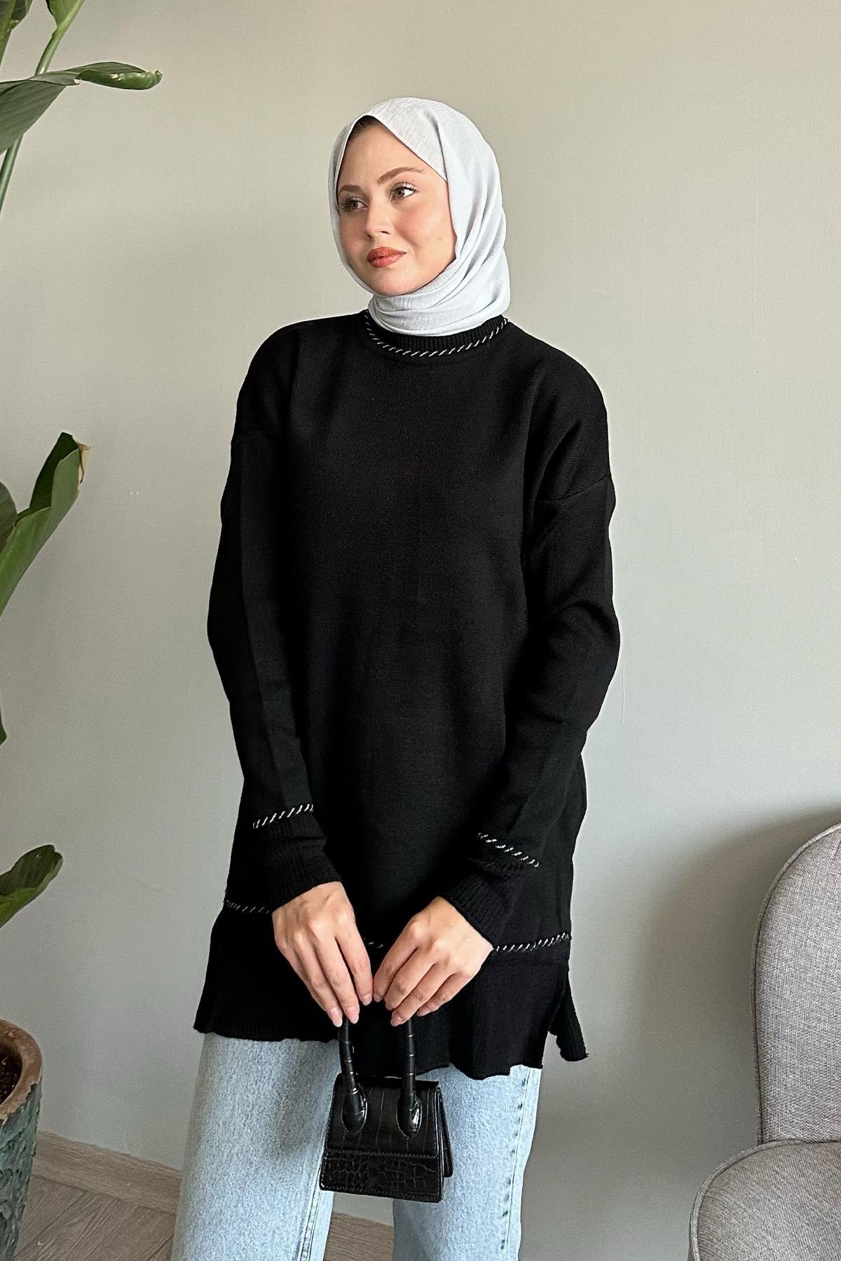 Biyeli Basic Siyah Triko Kazak