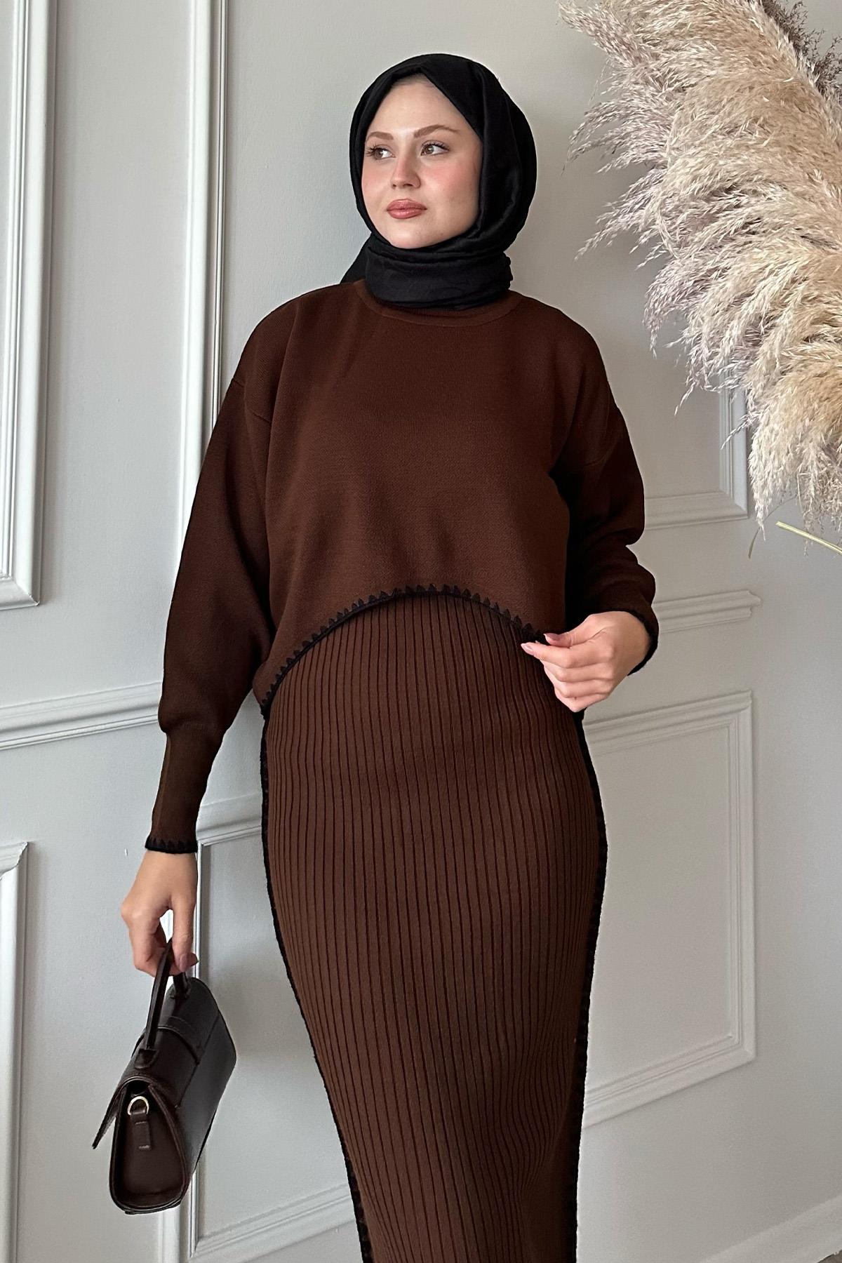 Boydan Biyeli İkili Acı Kahve Triko Takım