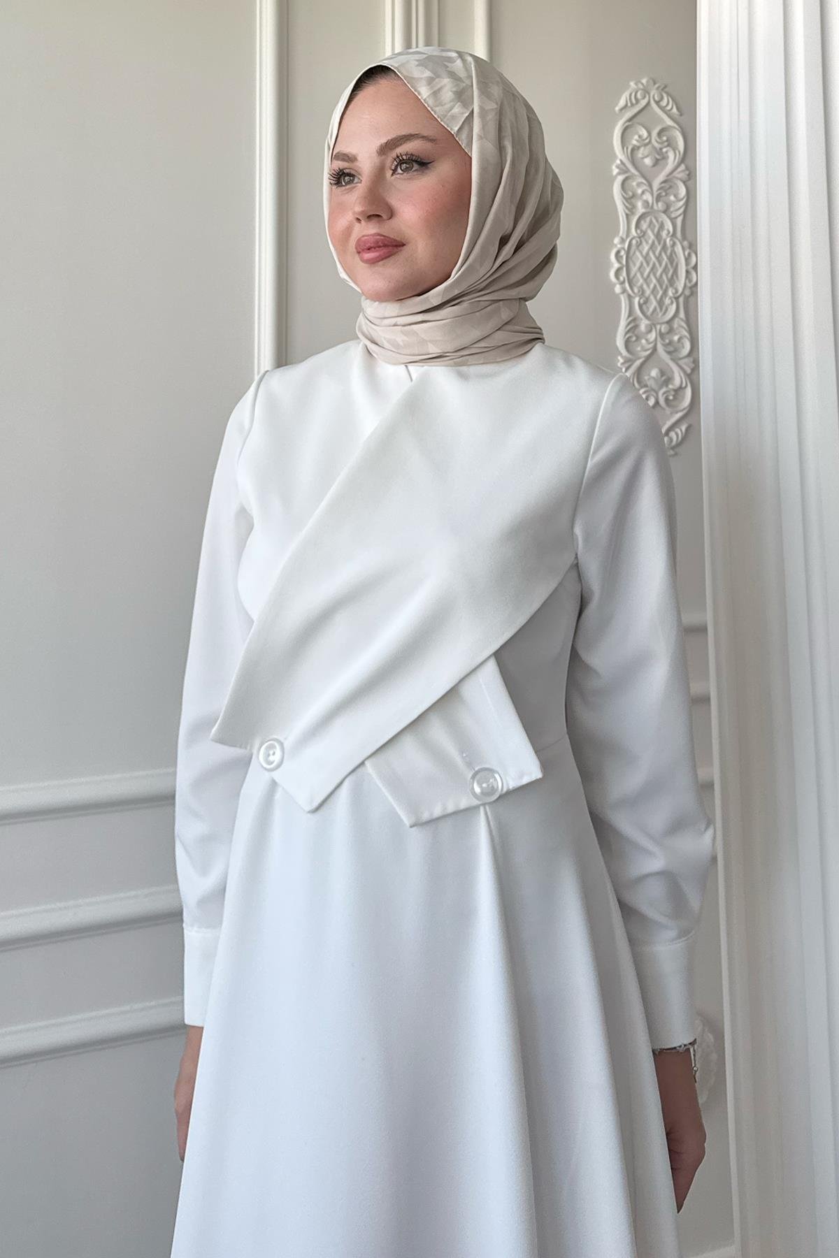 Çapraz Kapak Detay Beyaz Dabıl Elbise
