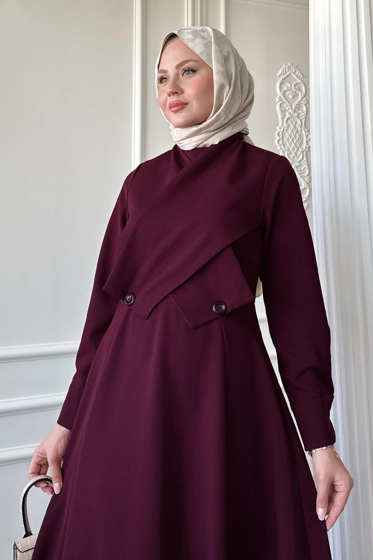 Çapraz Kapak Detay Mürdüm Dabıl Elbise