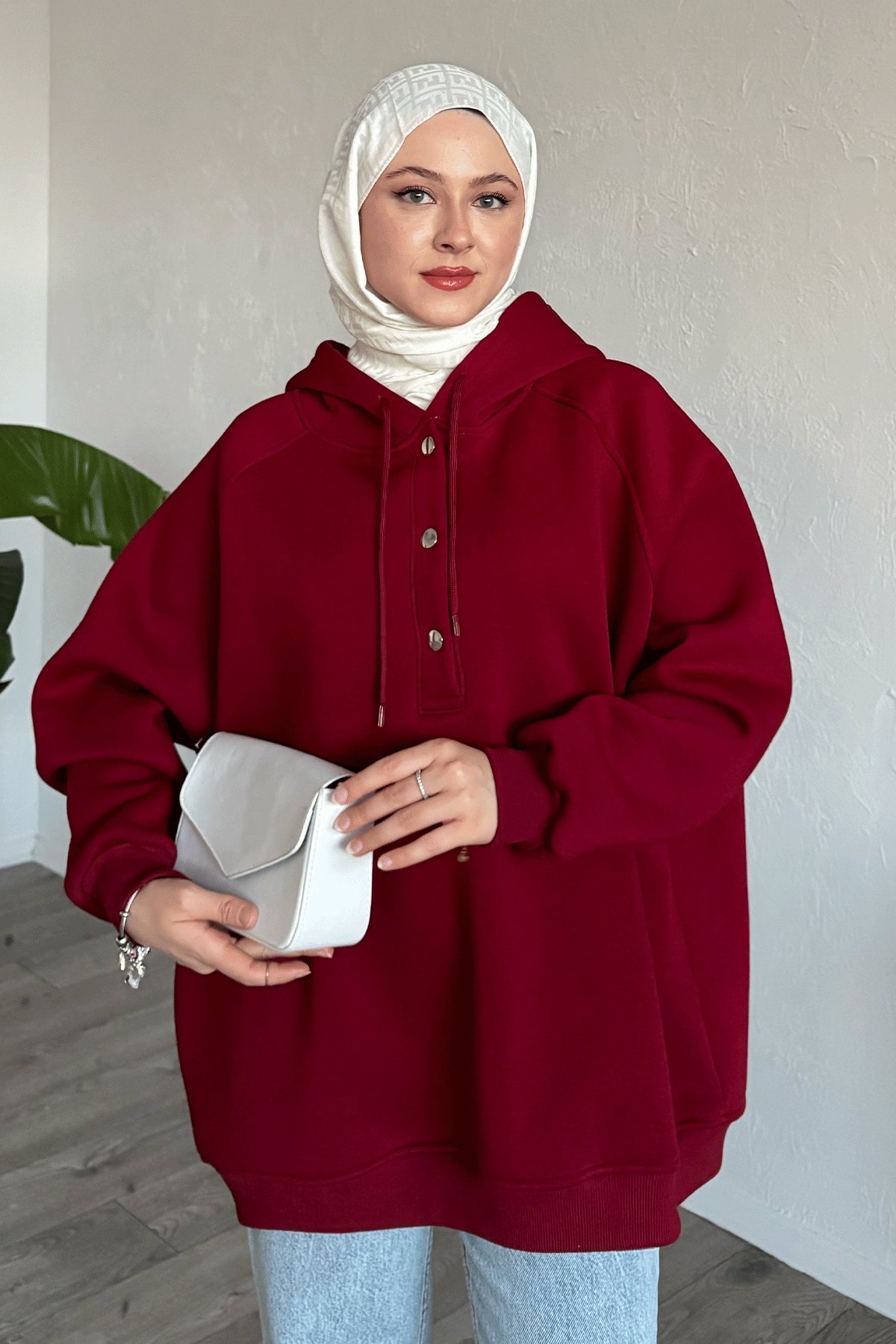 Çıtçıt Yaka Kapüşonlu Bordo Sweat