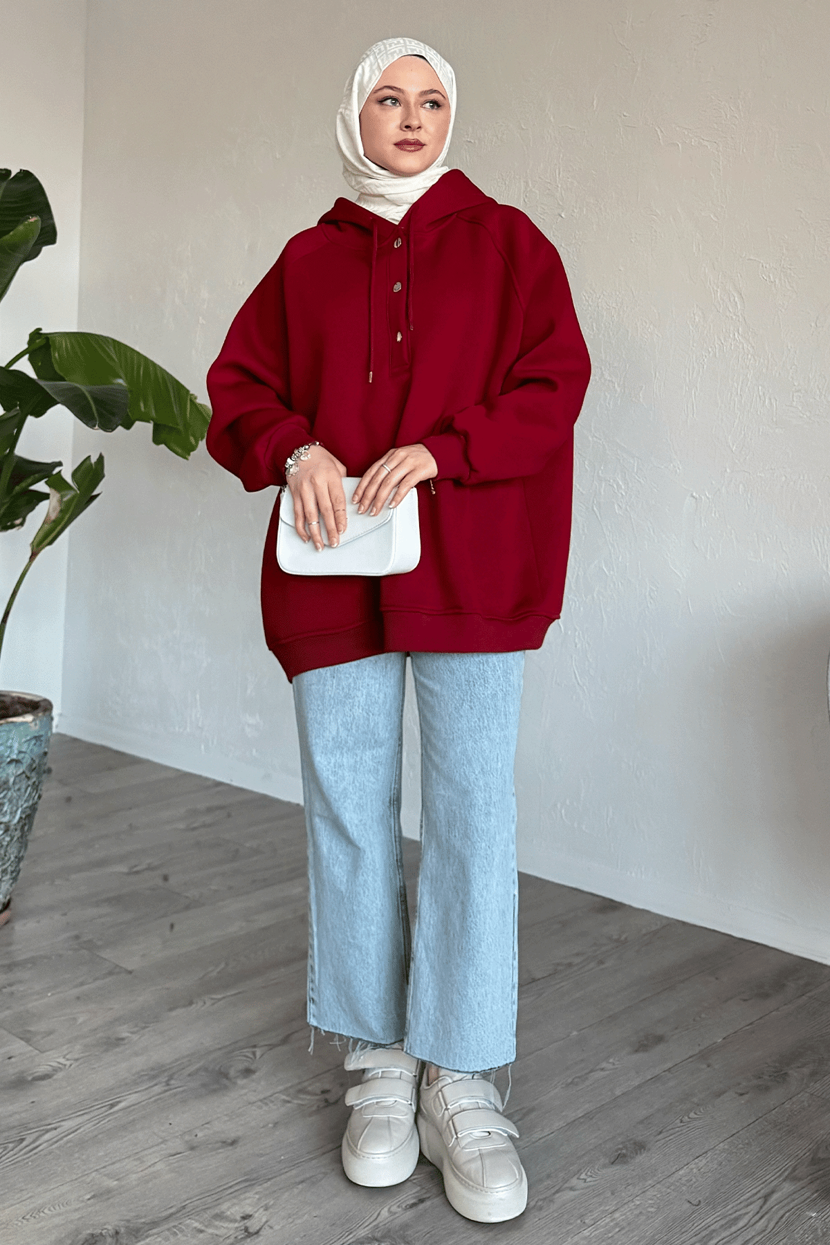 Çıtçıt Yaka Kapüşonlu Bordo Sweat