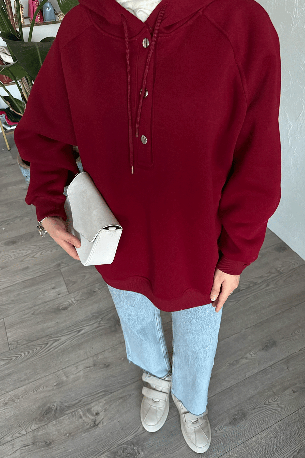 Çıtçıt Yaka Kapüşonlu Bordo Sweat