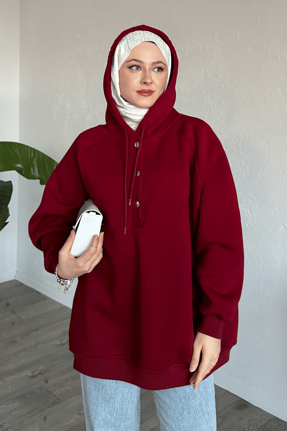 Çıtçıt Yaka Kapüşonlu Bordo Sweat