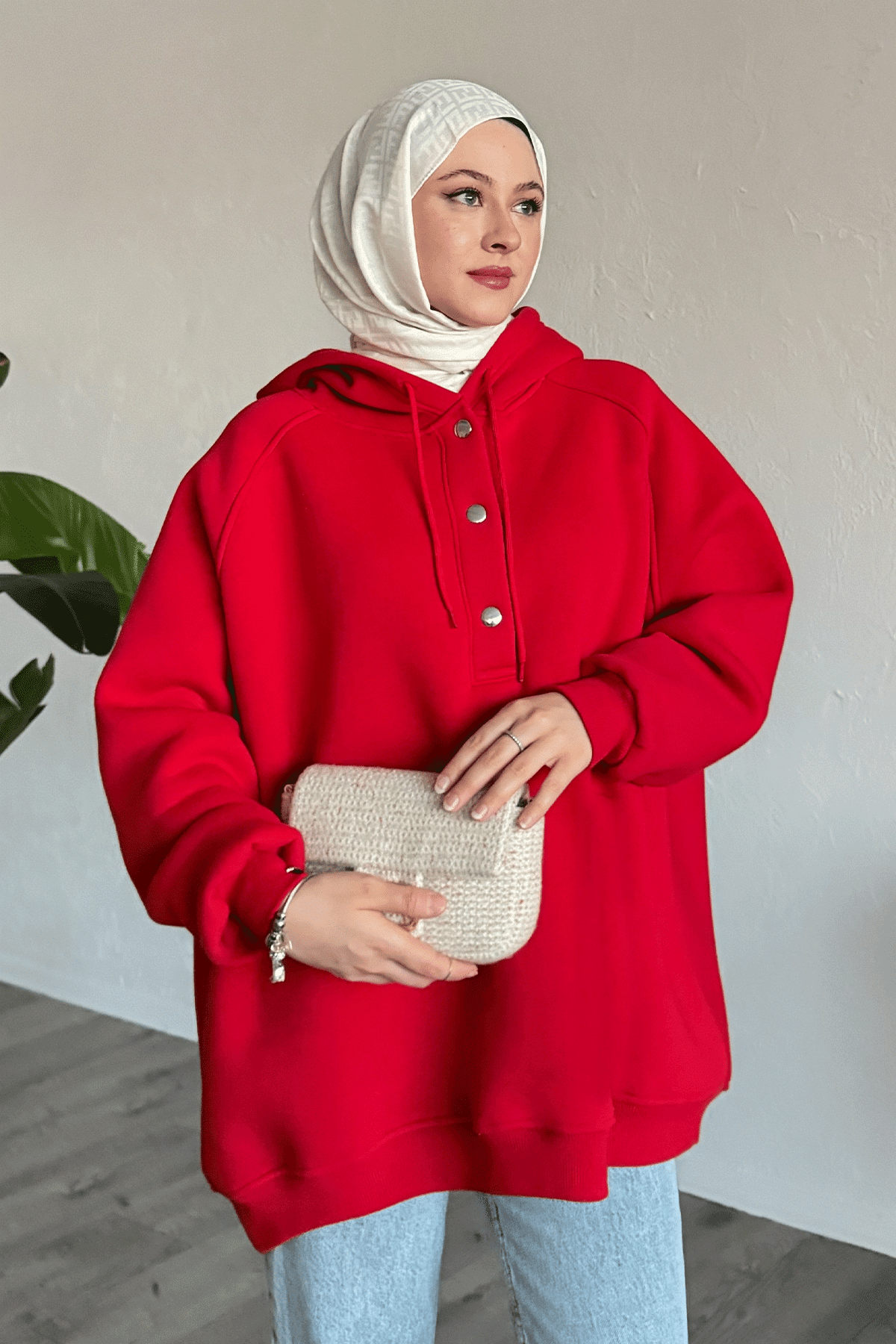 Çıtçıt Yaka Kapüşonlu Kırmızı Sweat