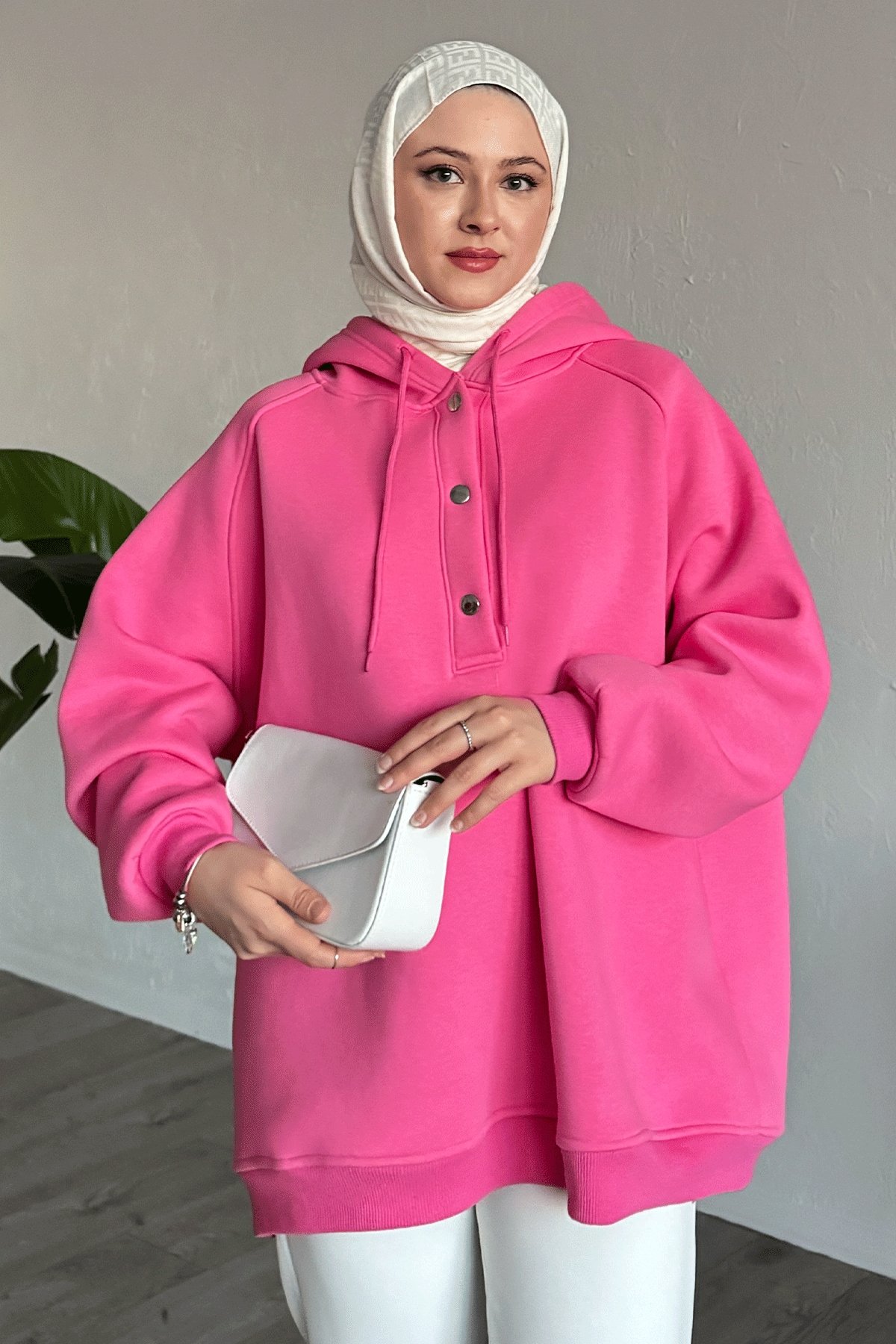 Çıtçıt Yaka Kapüşonlu Pembe Sweat