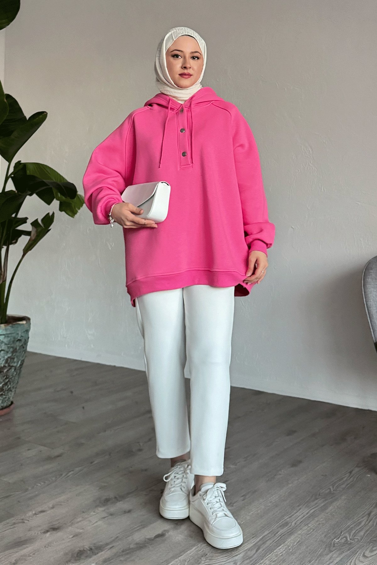 Çıtçıt Yaka Kapüşonlu Pembe Sweat