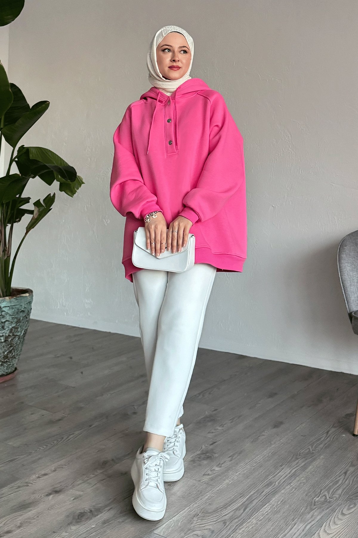 Çıtçıt Yaka Kapüşonlu Pembe Sweat