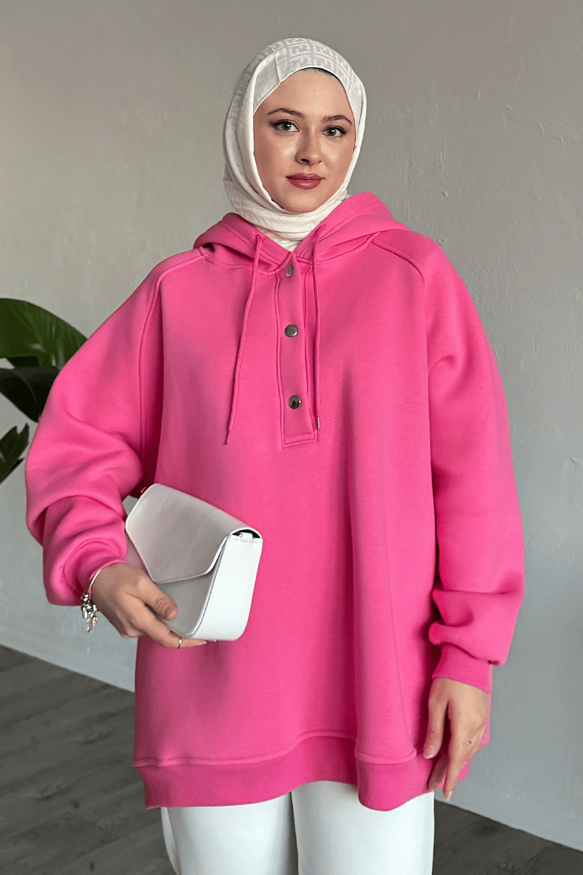 Çıtçıt Yaka Kapüşonlu Pembe Sweat