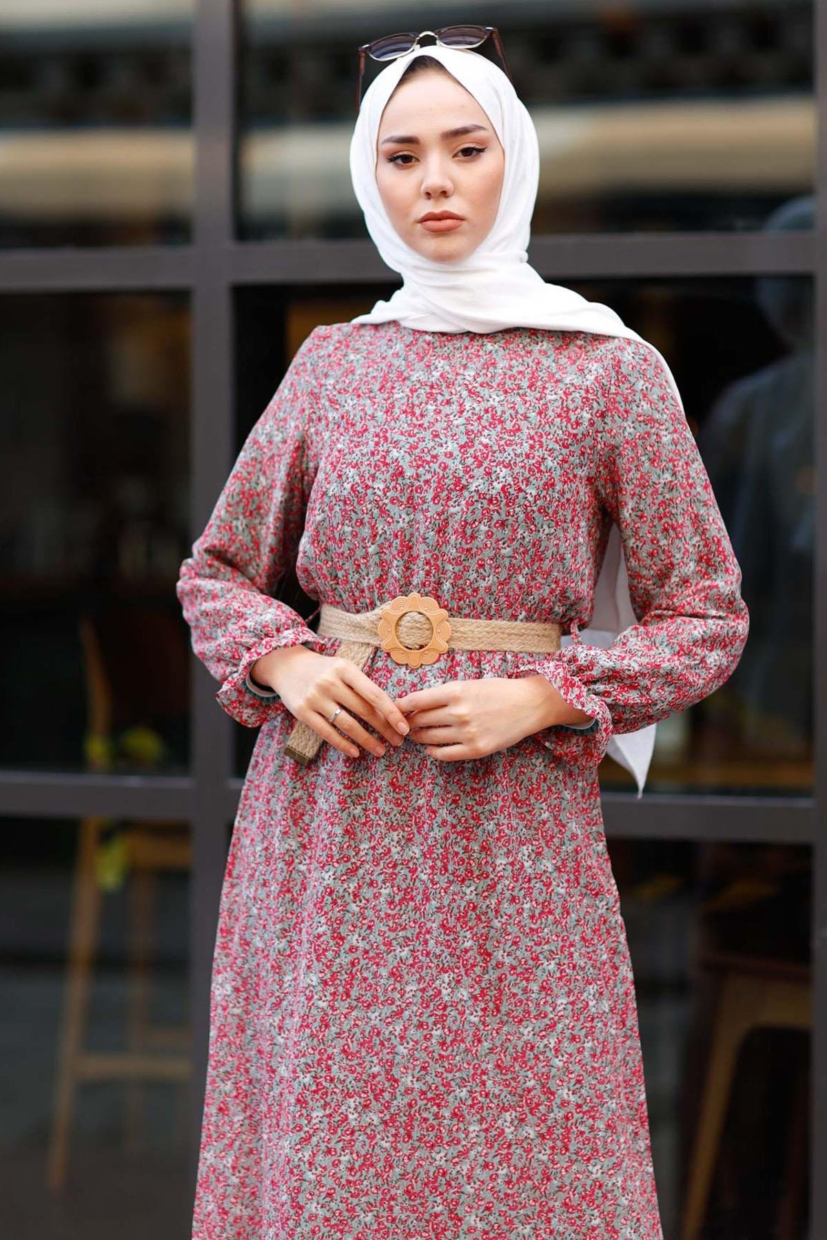 Çıtır Çiçekli 1015 Haki Şifon Elbise