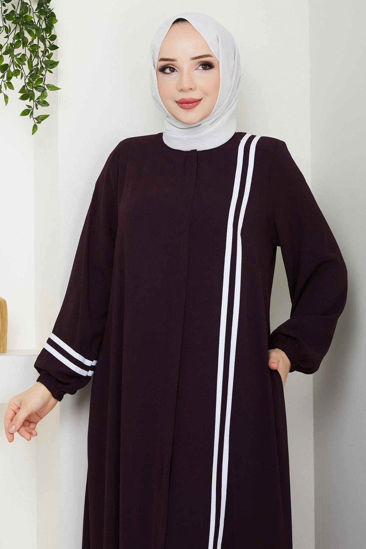 Çizgili Medine İpeği Mürdüm Ferace