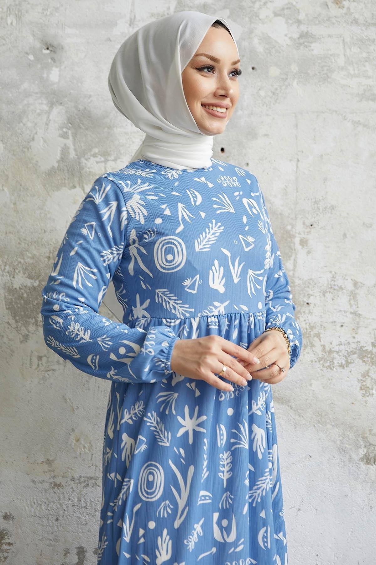 Eslina Desenli Kemerli Elbise - Bebe Mavisi