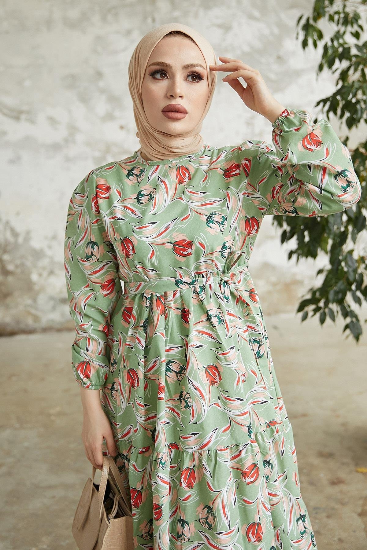 Felara Çiçek Desen Kuşaklı Elbise - Mint