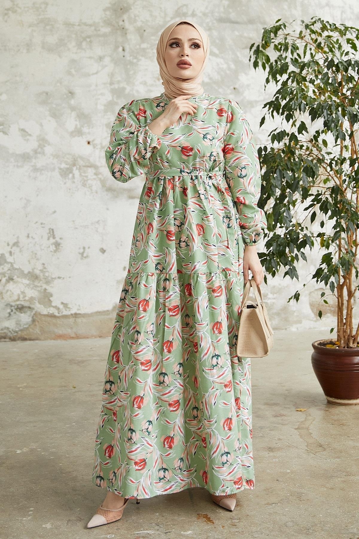 Felara Çiçek Desen Kuşaklı Elbise - Mint