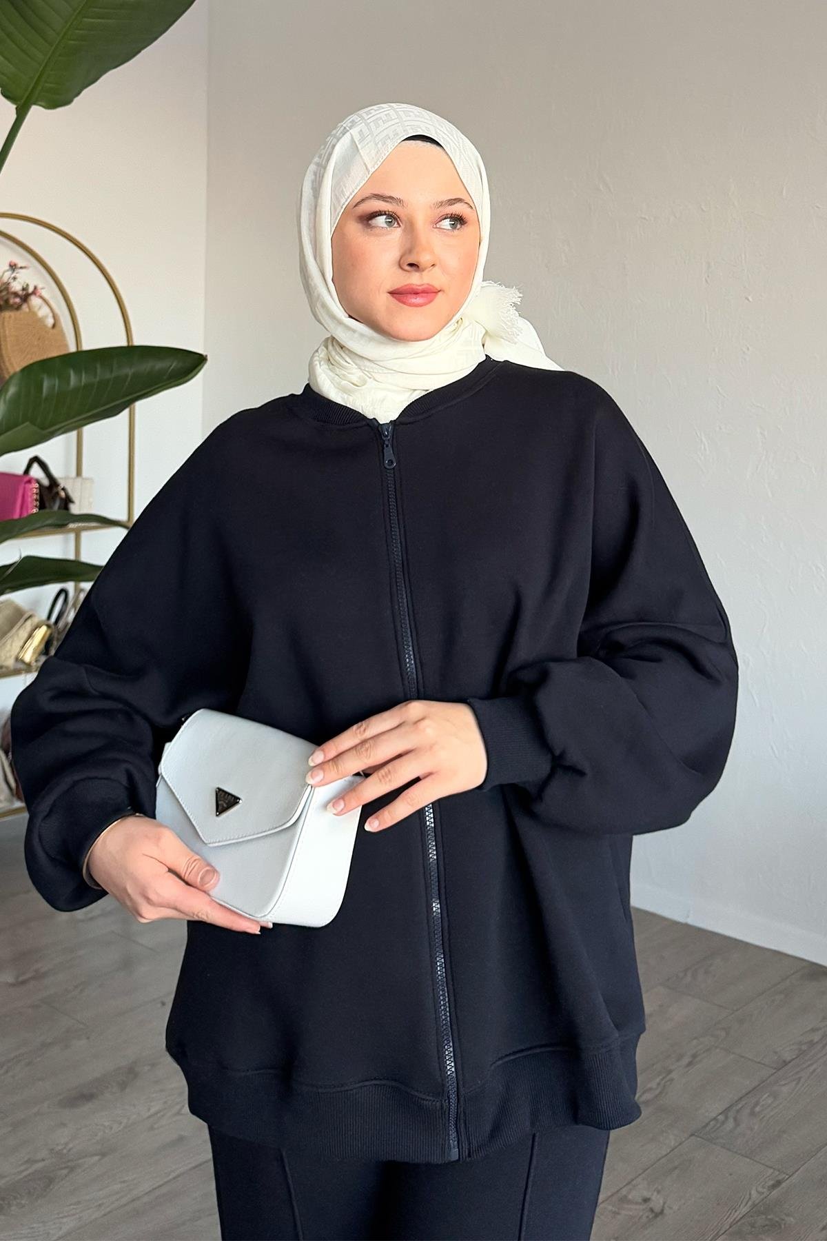 Fermuarlı Biyeli Lacivert Eşofman Takımı